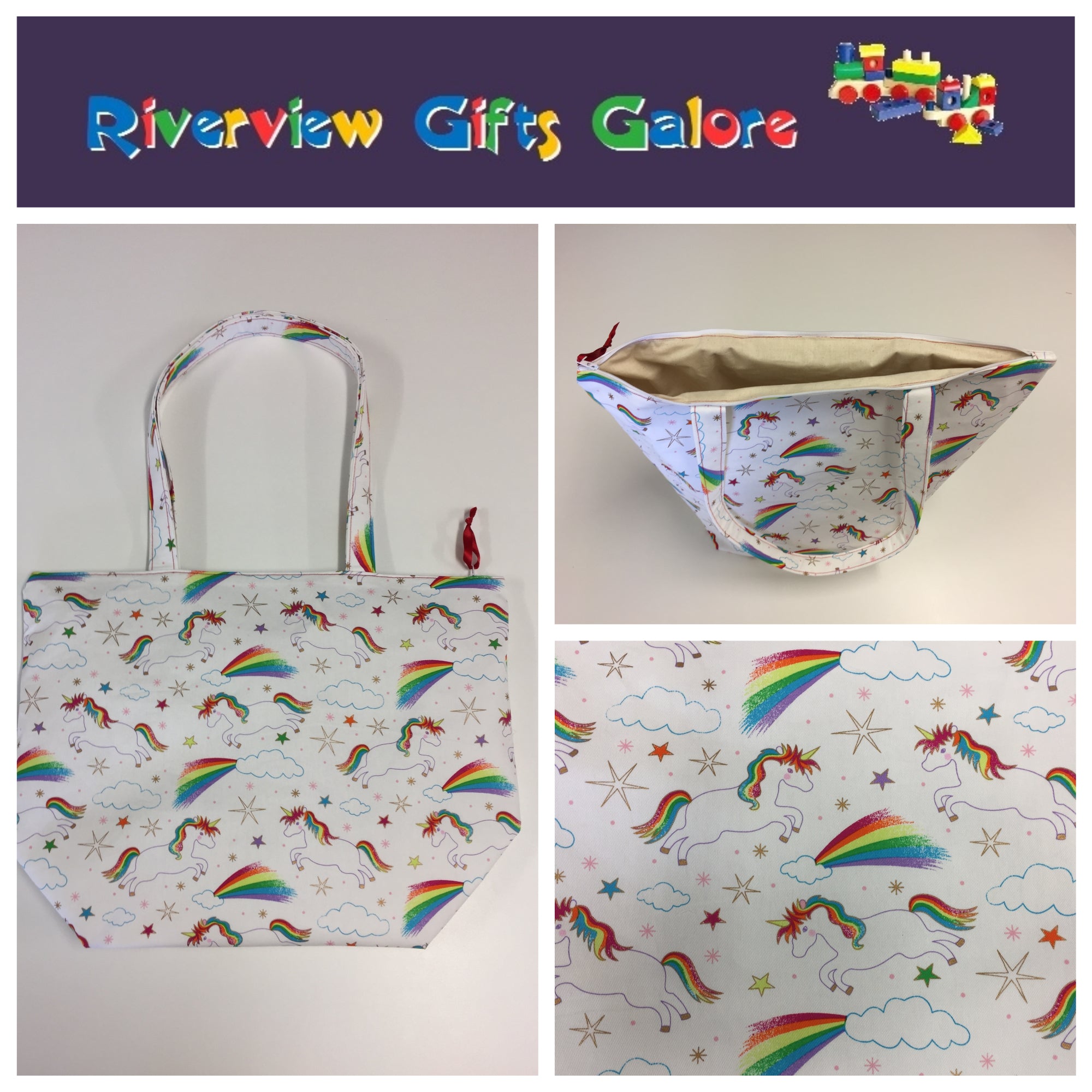 Large Tote Bag with Zip - Unicorns & Rainbows