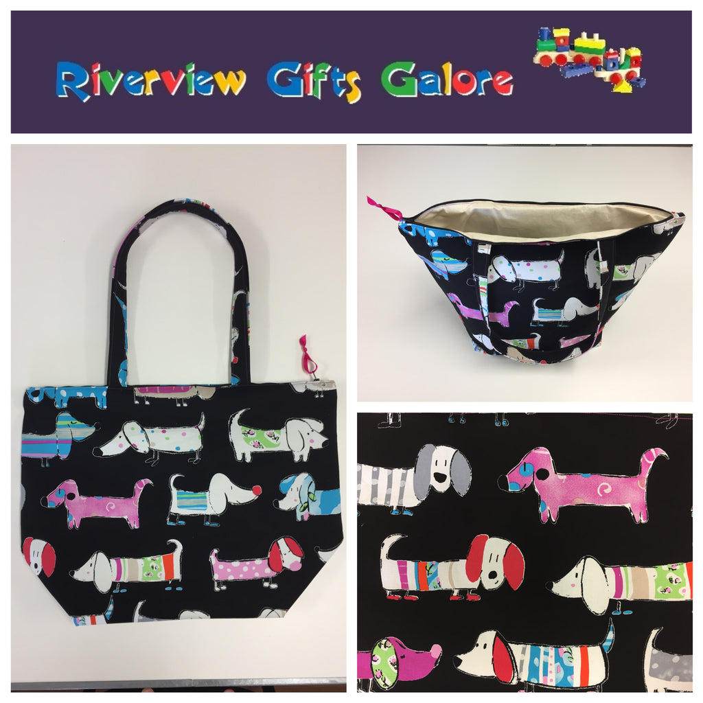 Large Tote Bag with Zip - Dogs Black