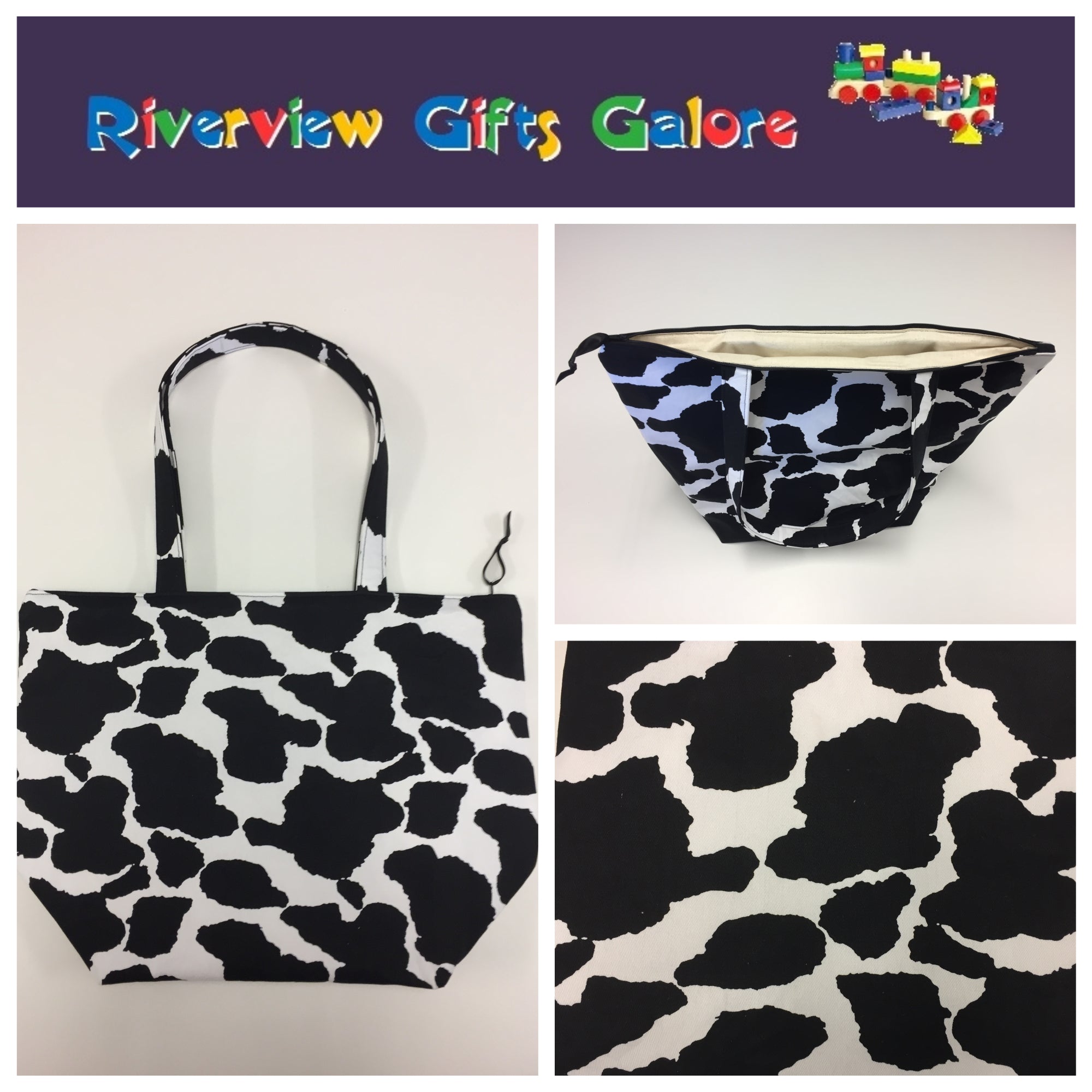Large Tote Bag with Zip - Cow Print