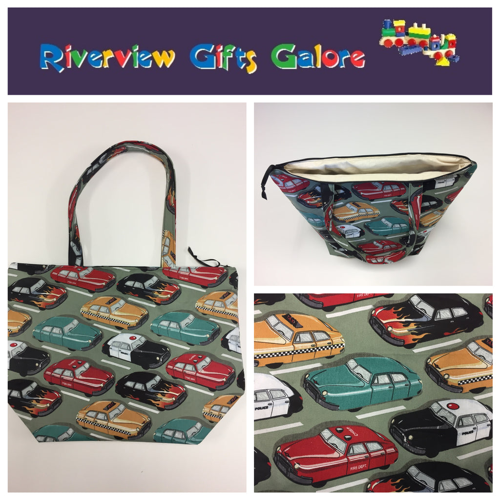 Large Tote Bag with Zip - Vintage Cars