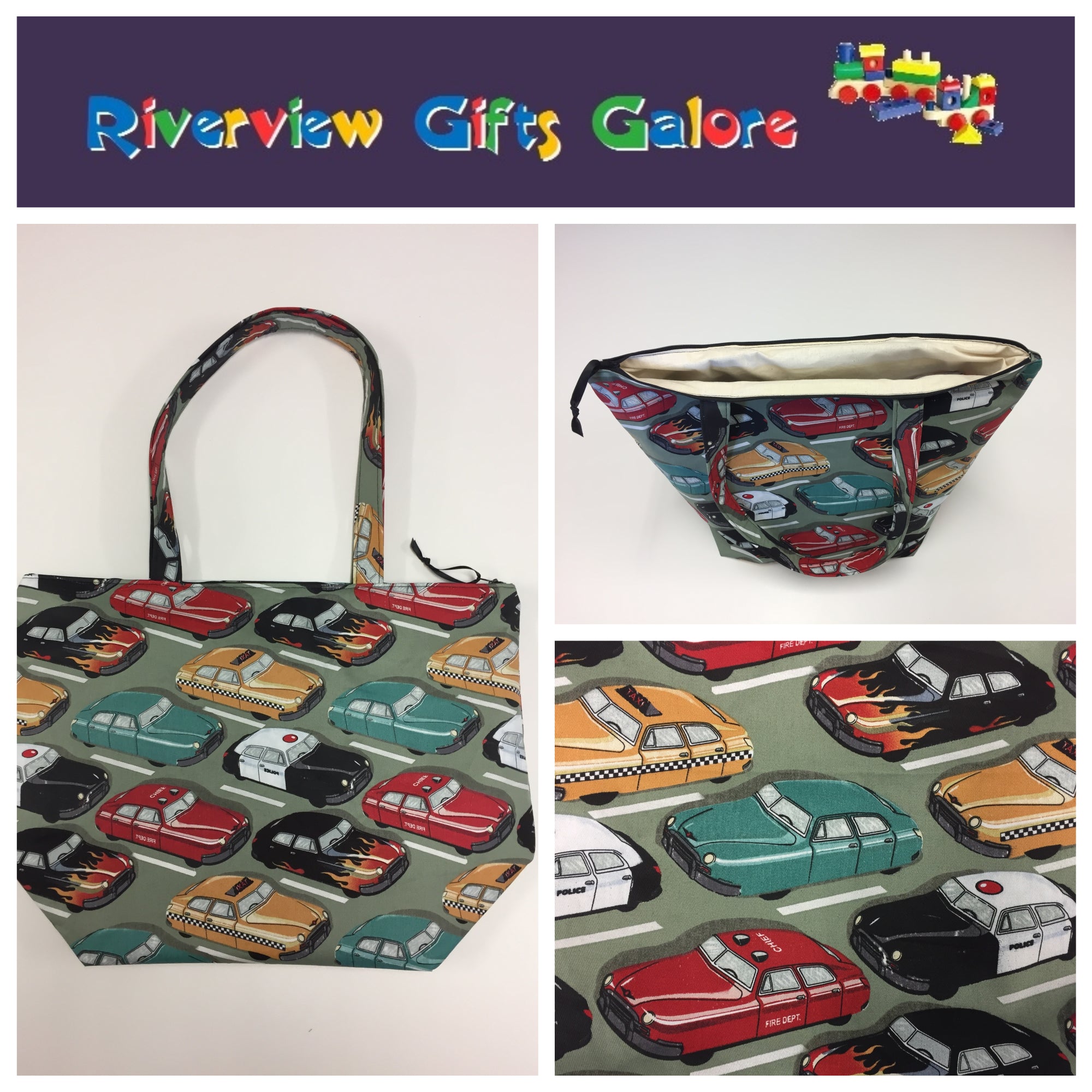 Large Tote Bag with Zip - Vintage Cars