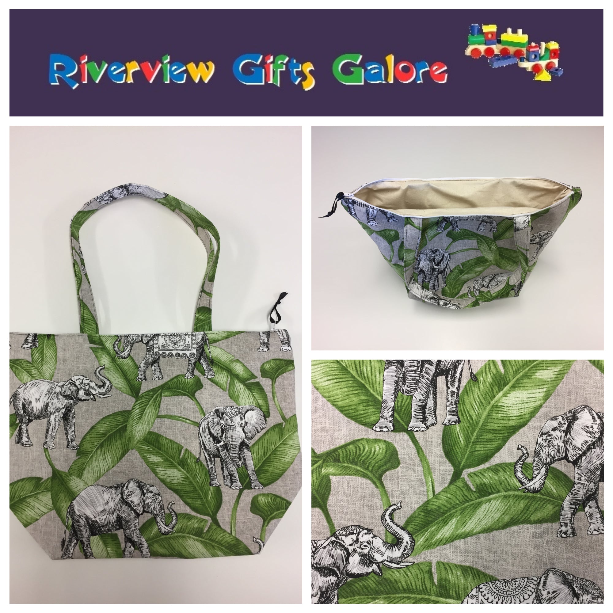 Large Tote Bag with Zip - Elephants