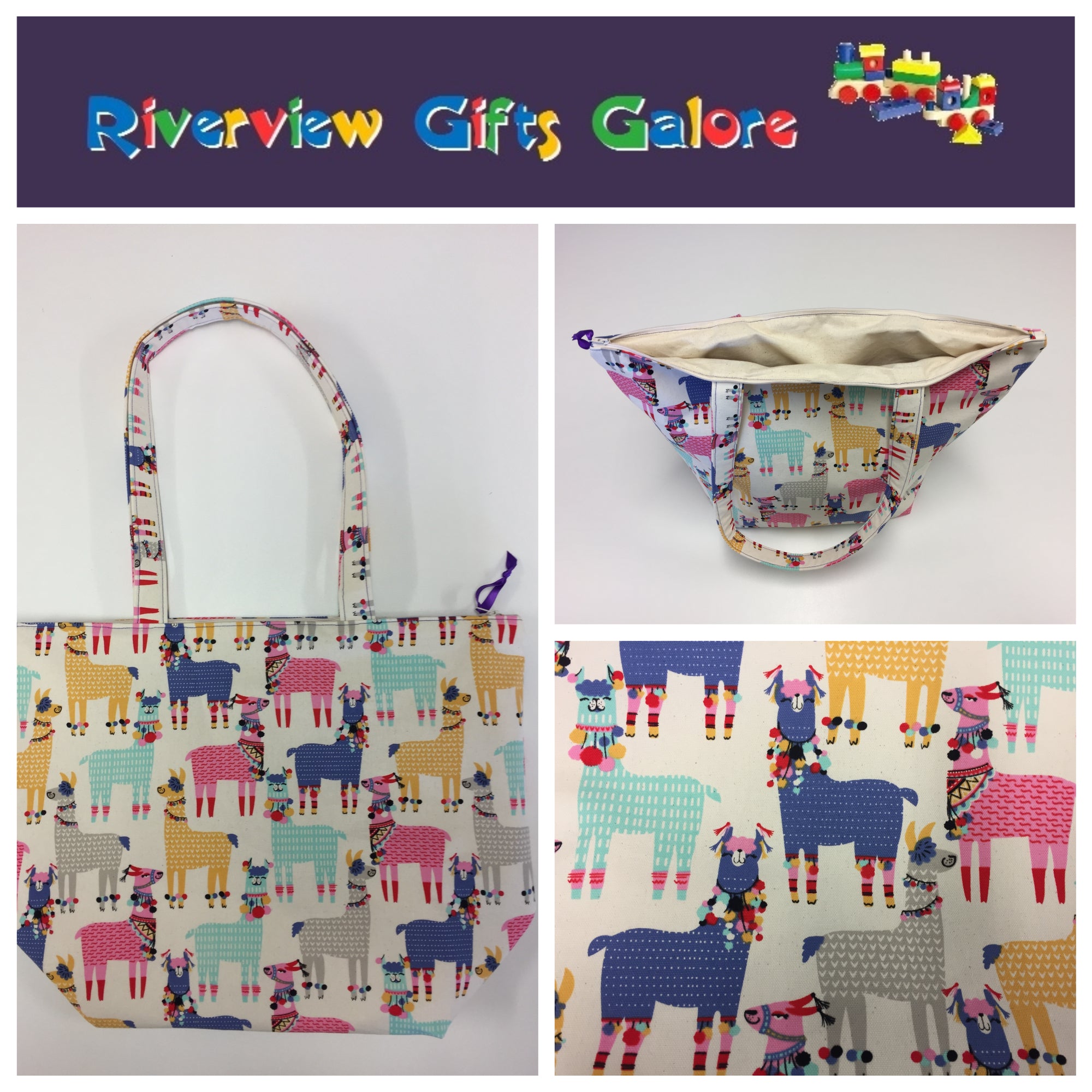 Large Tote Bag with Zip - Llamas Cream