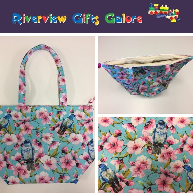 Large Tote Bag with Zip - Blue Birds