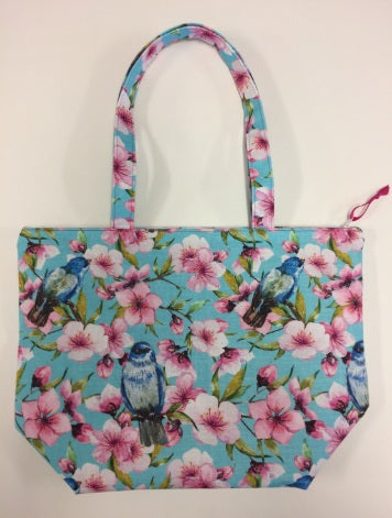 Large Tote Bag with Zip - Blue Birds