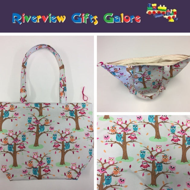 Large Tote Bag with Zip - Owls