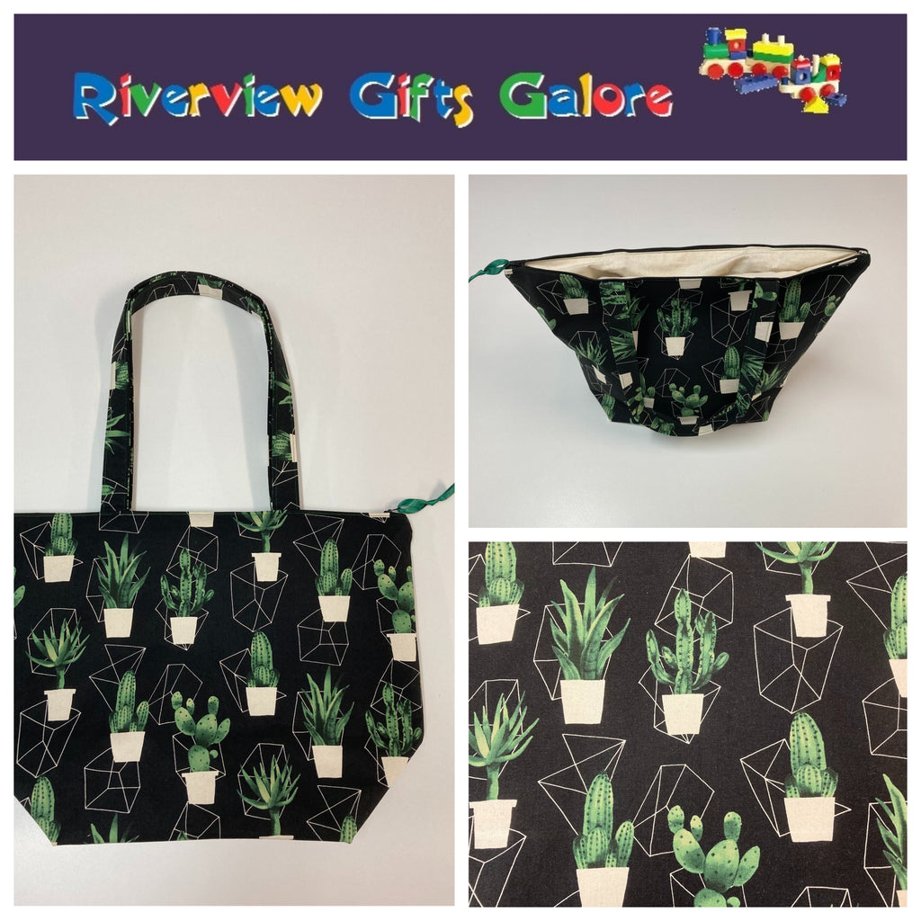 Large Tote Bag with Zip - Cactus