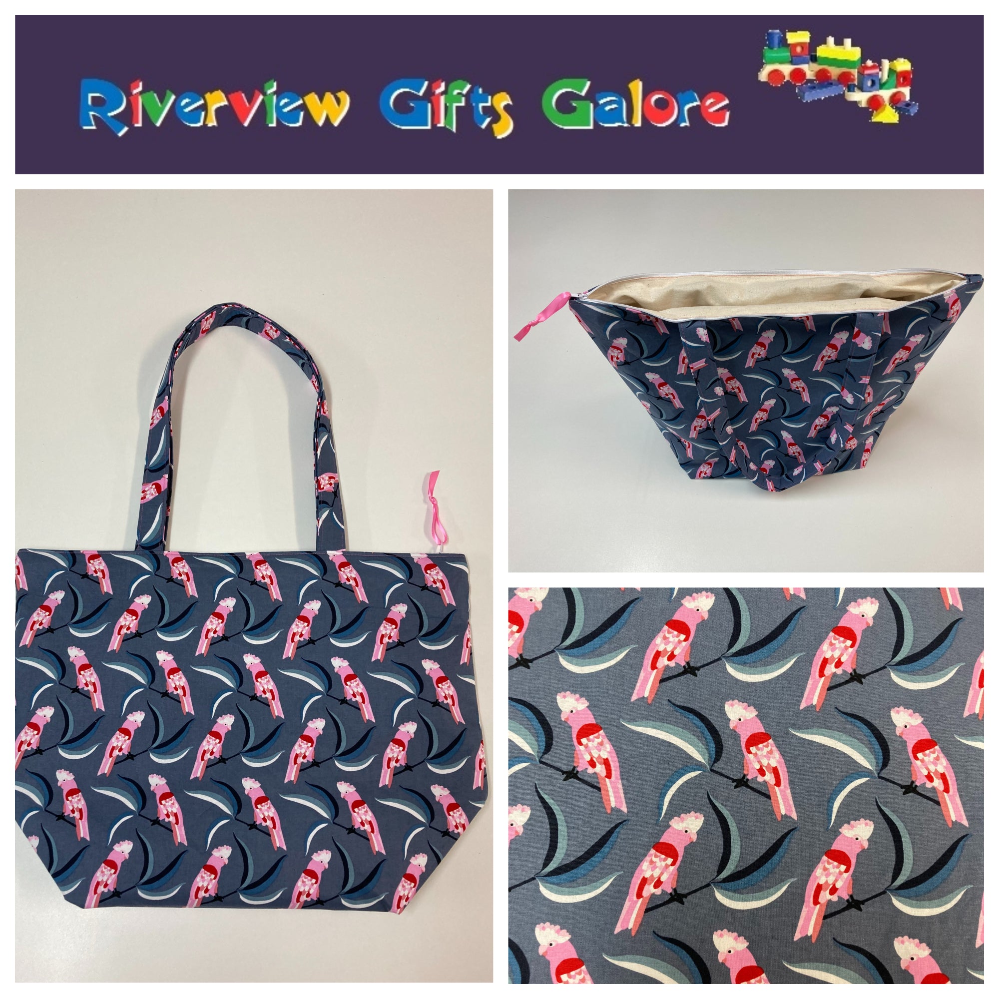 Large Tote Bag with Zip - Galahs