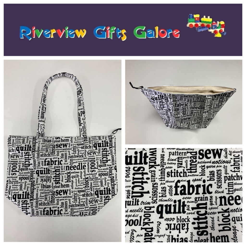 Large Tote Bag with Zip - Sewing Words on White