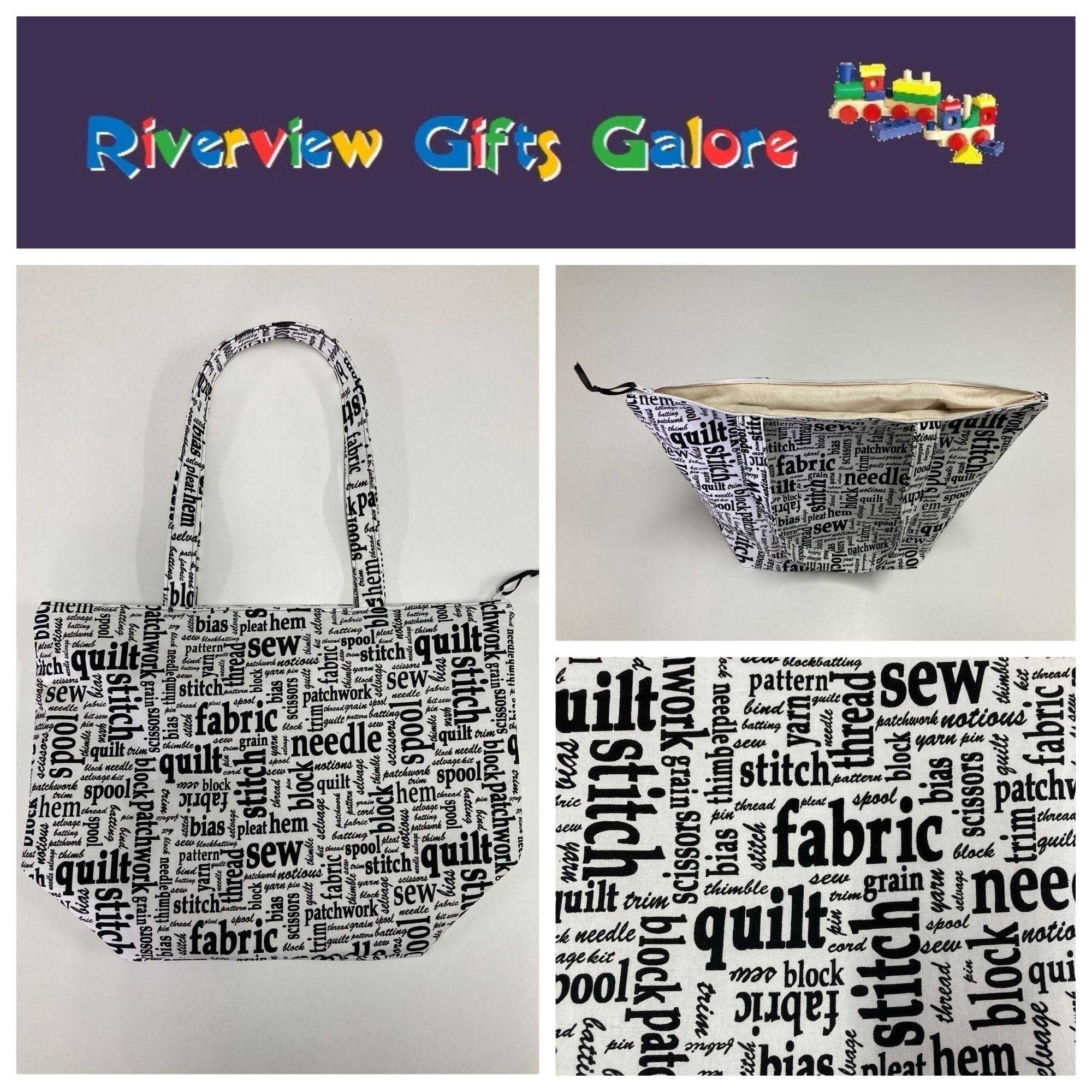 Large Tote Bag with Zip - Sewing Words on White