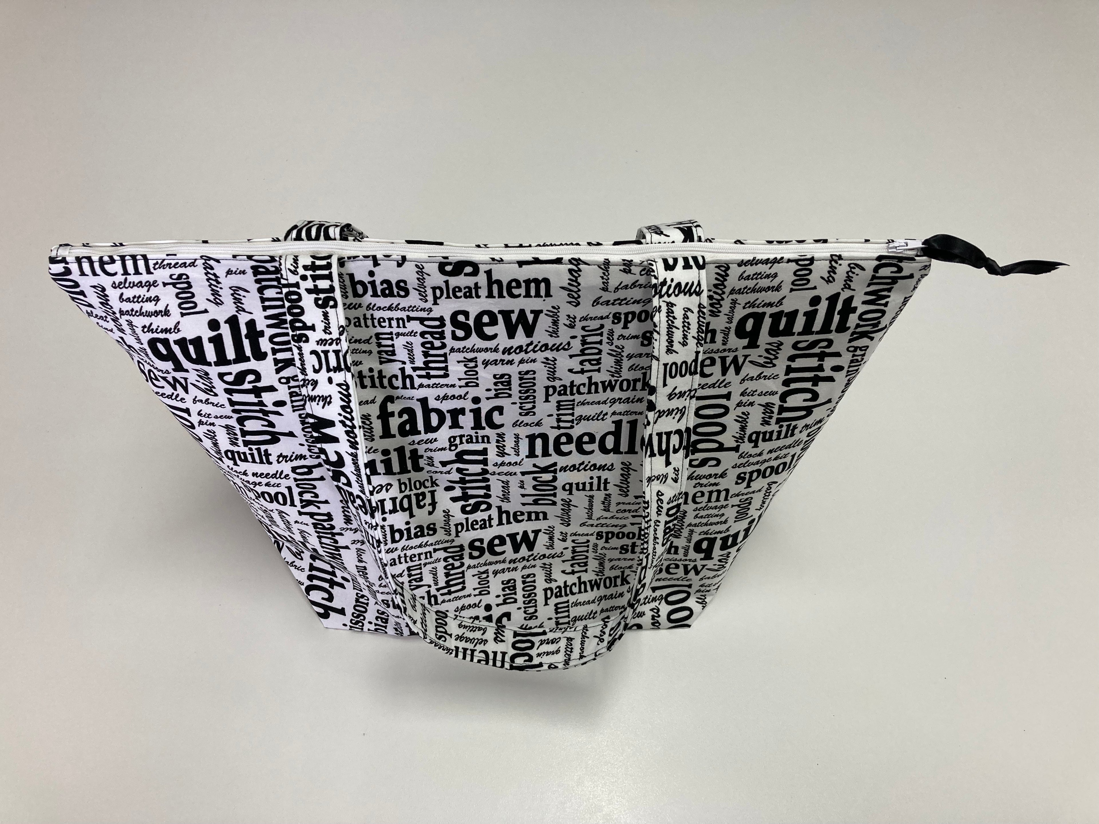 Large Tote Bag with Zip - Sewing Words on White