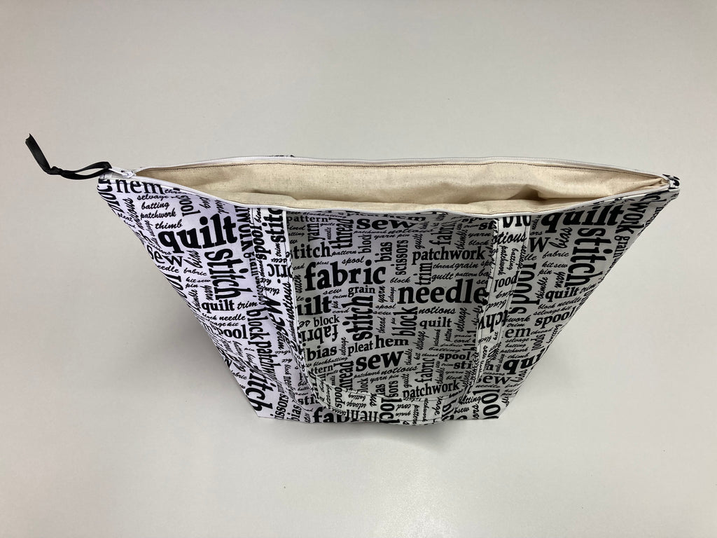 Large Tote Bag with Zip - Sewing Words on White