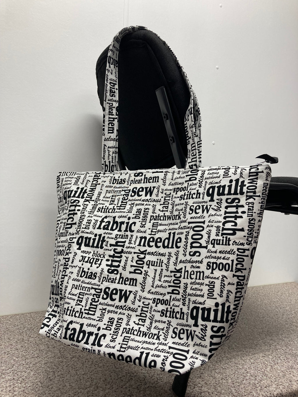 Large Tote Bag with Zip - Sewing Words on White