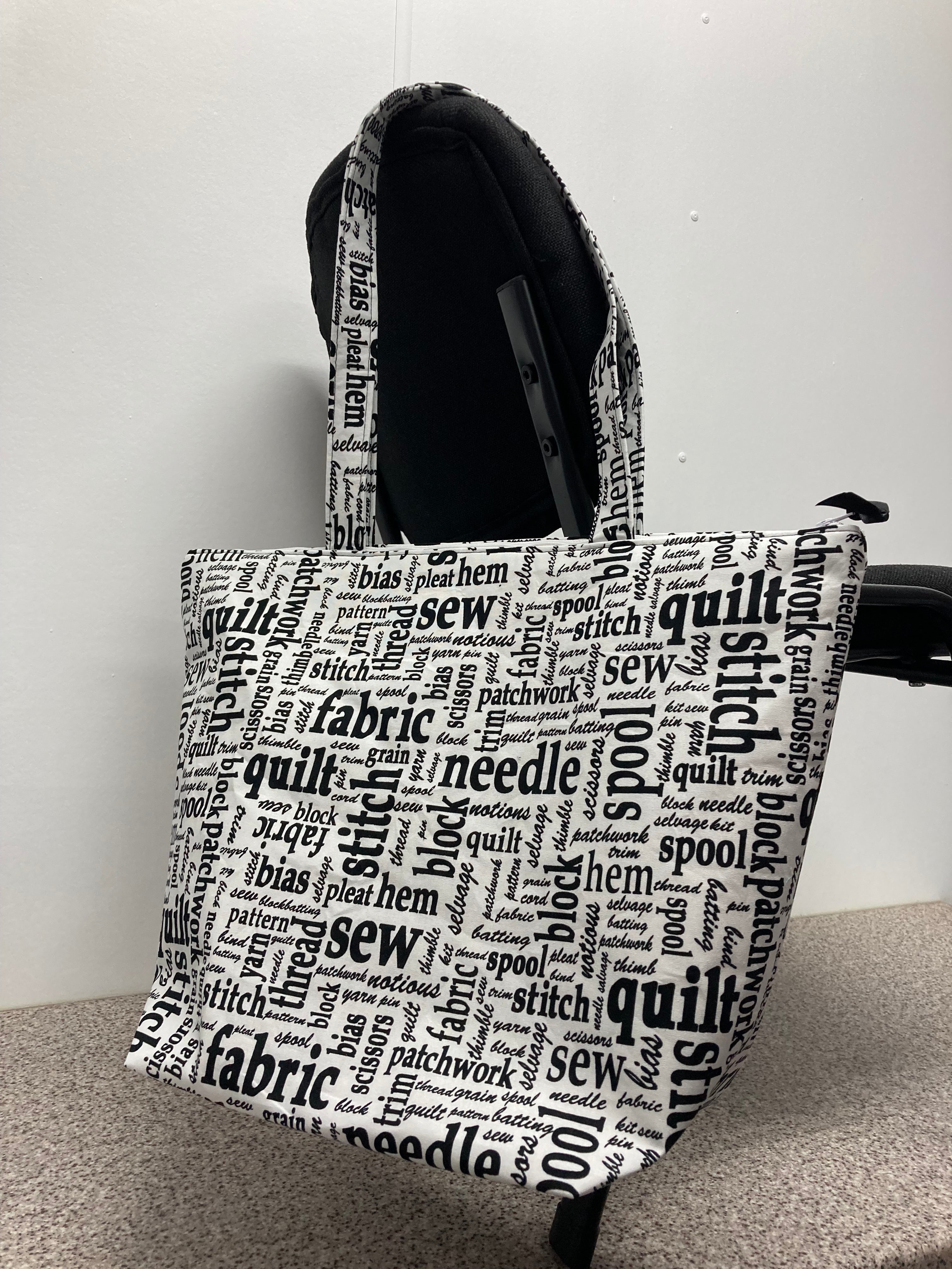 Large Tote Bag with Zip - Sewing Words on White