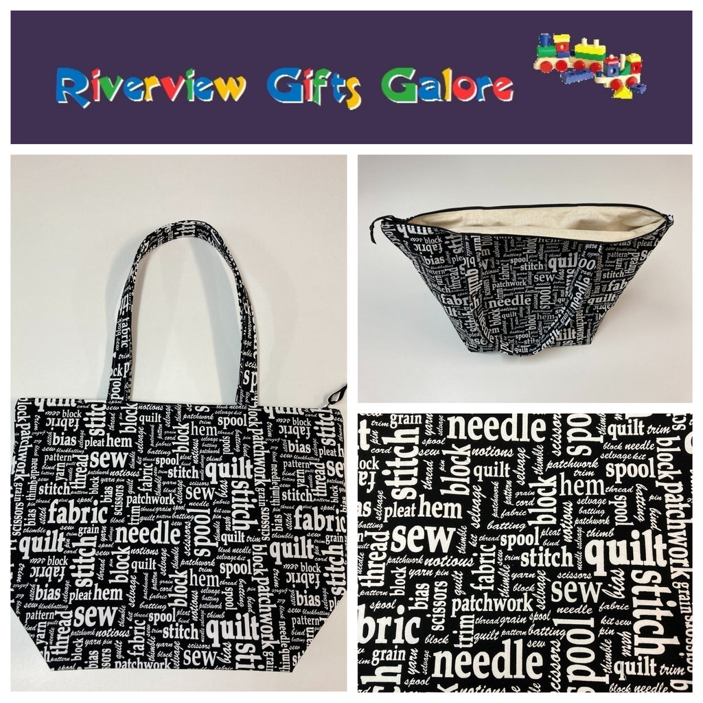 Large Tote Bag with Zip - Sewing Words on Black