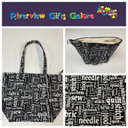 Large Tote Bag with Zip - Sewing Words on Black