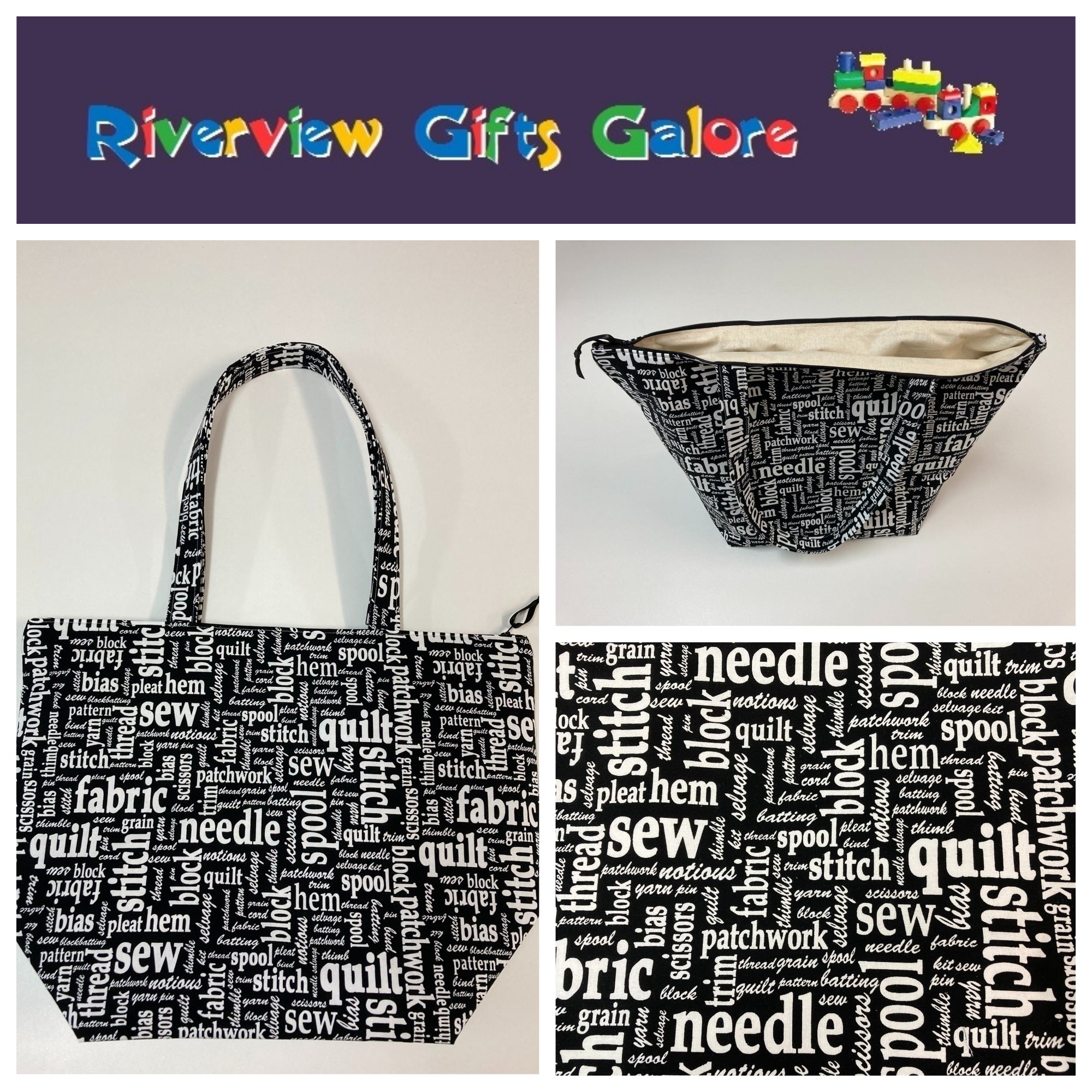 Large Tote Bag with Zip - Sewing Words on Black