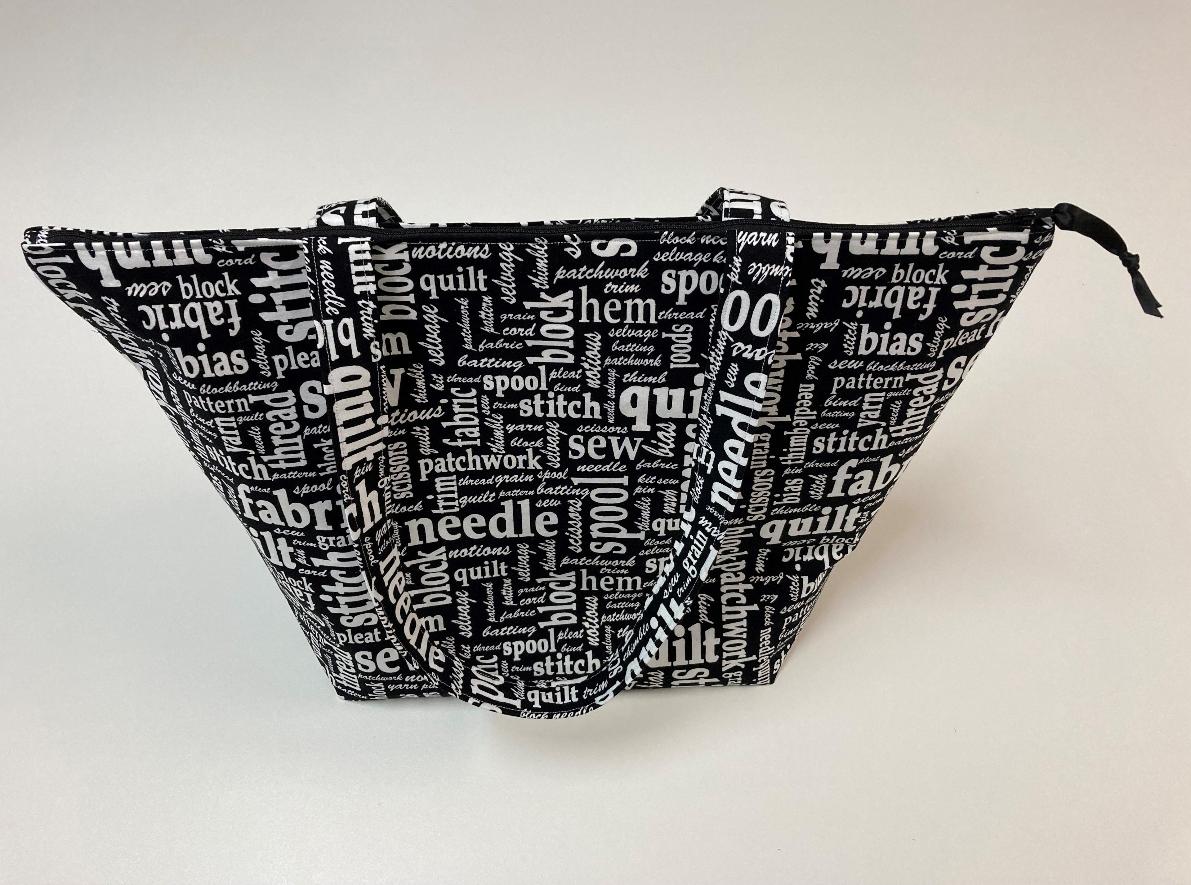 Large Tote Bag with Zip - Sewing Words on Black