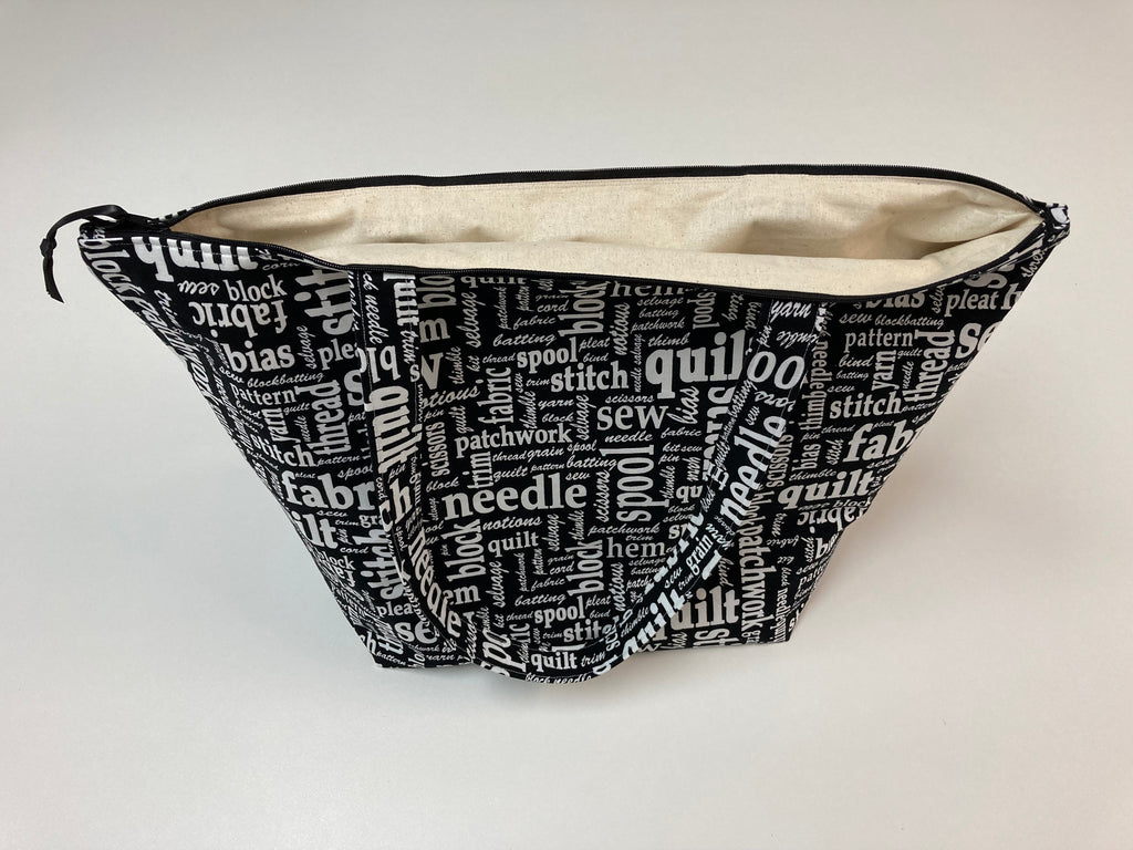 Large Tote Bag with Zip - Sewing Words on Black