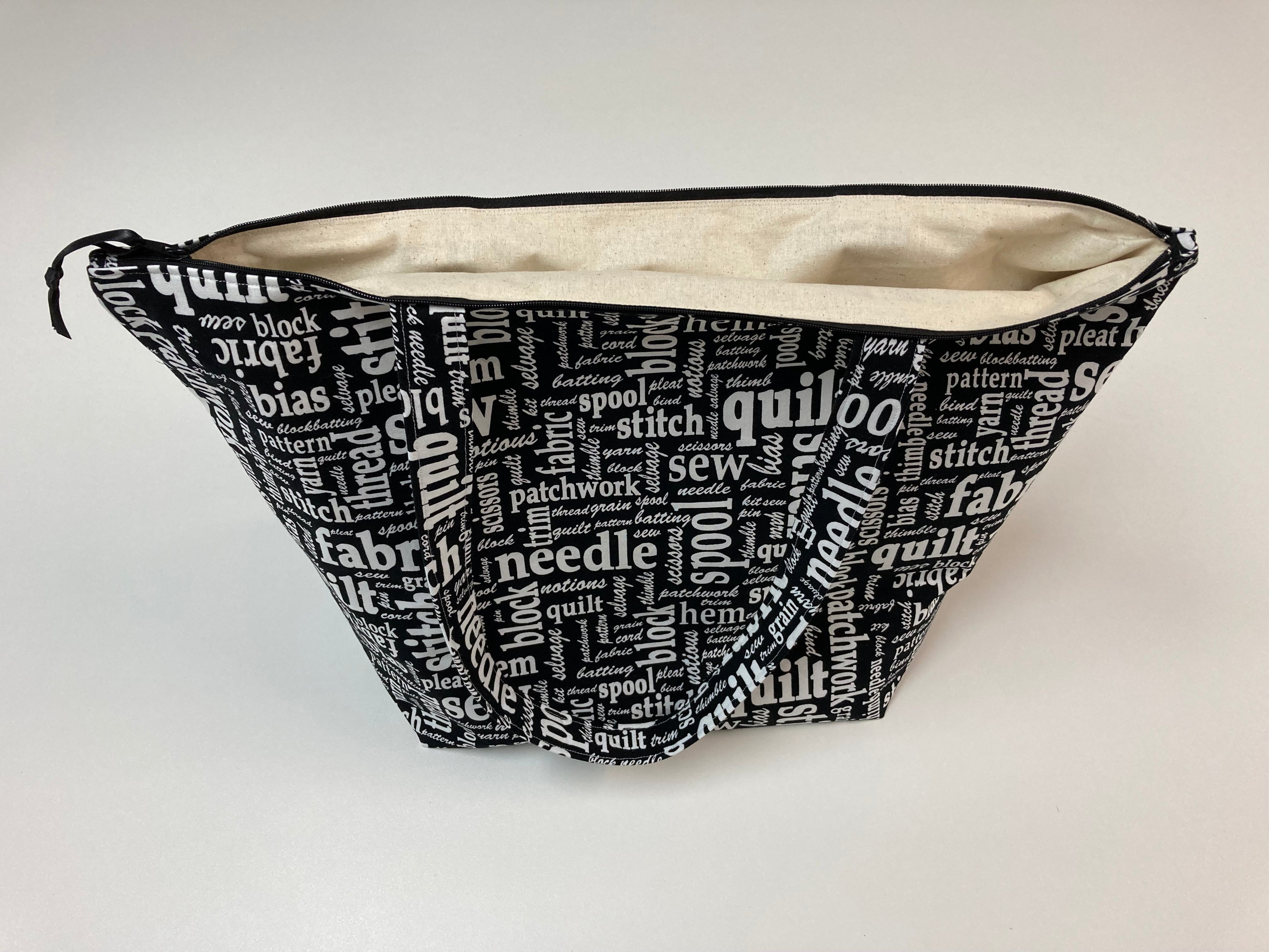 Large Tote Bag with Zip - Sewing Words on Black