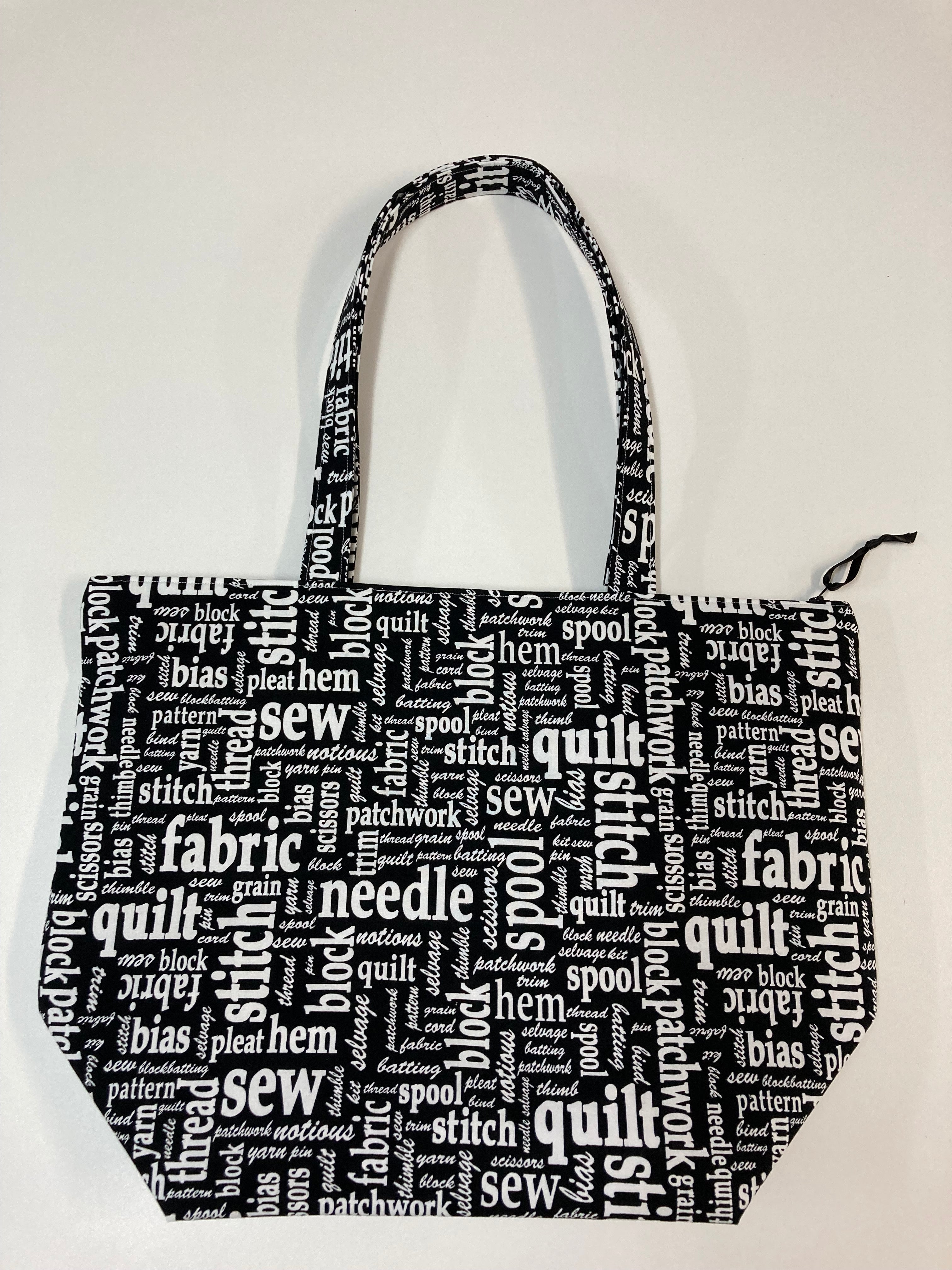 Large Tote Bag with Zip - Sewing Words on Black