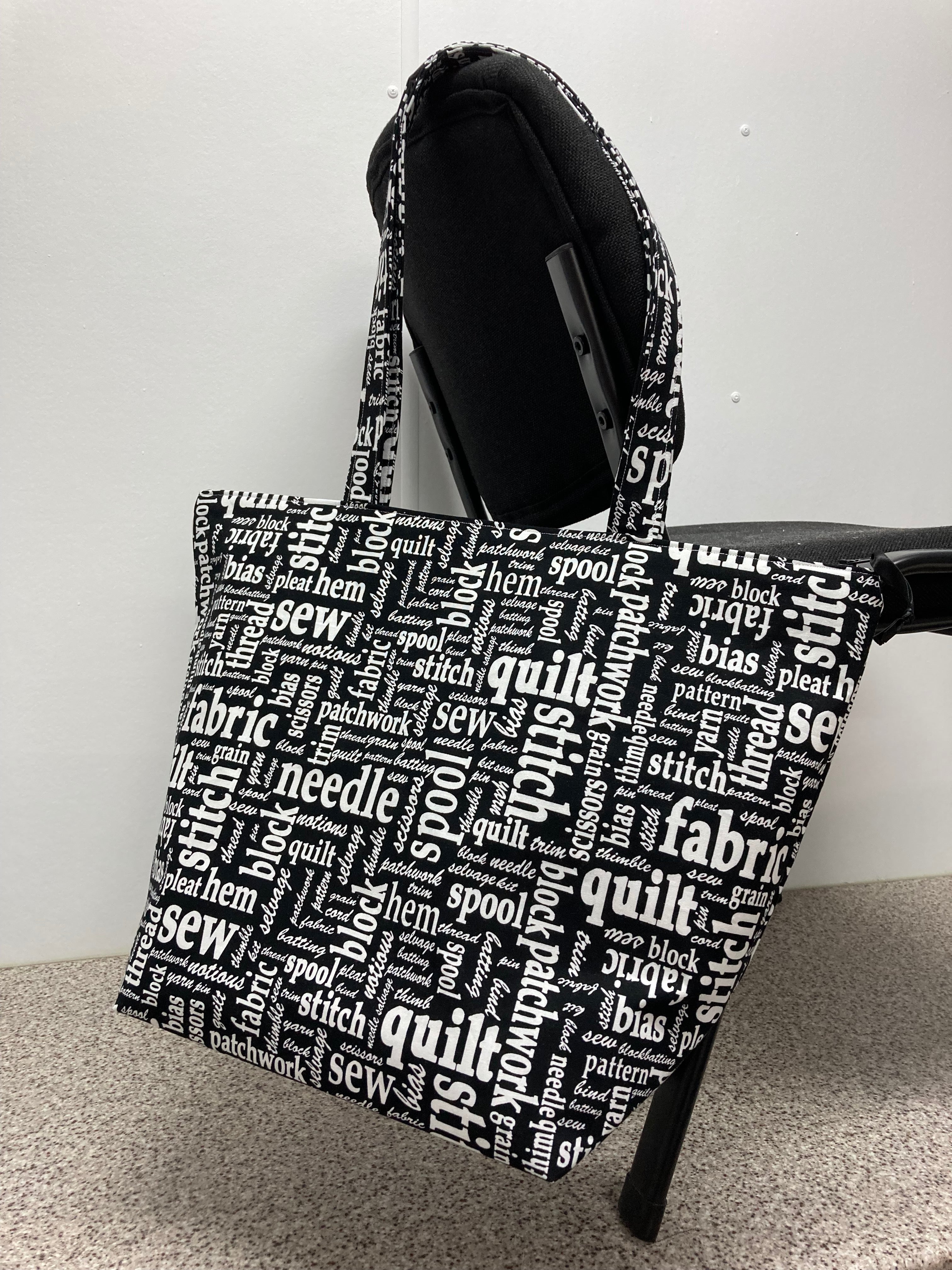 Large Tote Bag with Zip - Sewing Words on Black