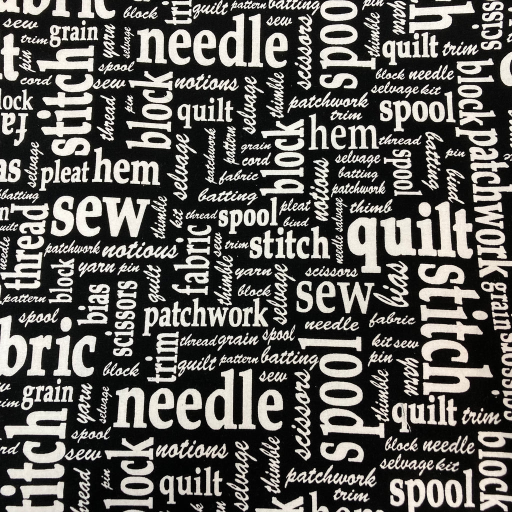 Large Tote Bag with Zip - Sewing Words on Black