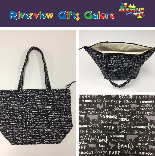 Large Tote Bag with Zip - Farm Sweet Farm - Charcoal