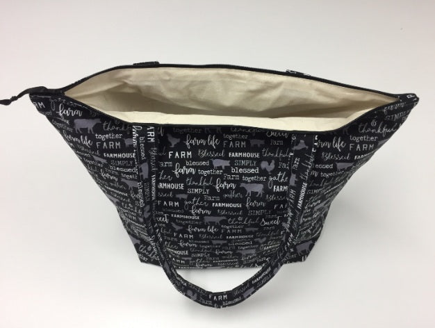 Large Tote Bag with Zip - Farm Sweet Farm - Charcoal