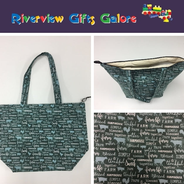 Large Tote Bag with Zip - Farm Sweet Farm - Teal
