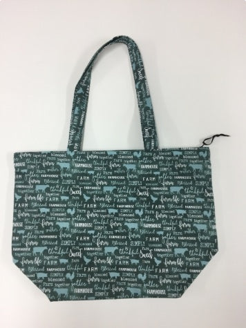 Large Tote Bag with Zip - Farm Sweet Farm - Teal