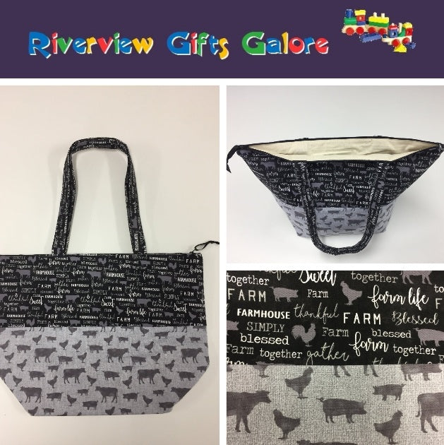 Large Tote Bag with Zip - Farm Sweet Farm - Charcoal and Animals