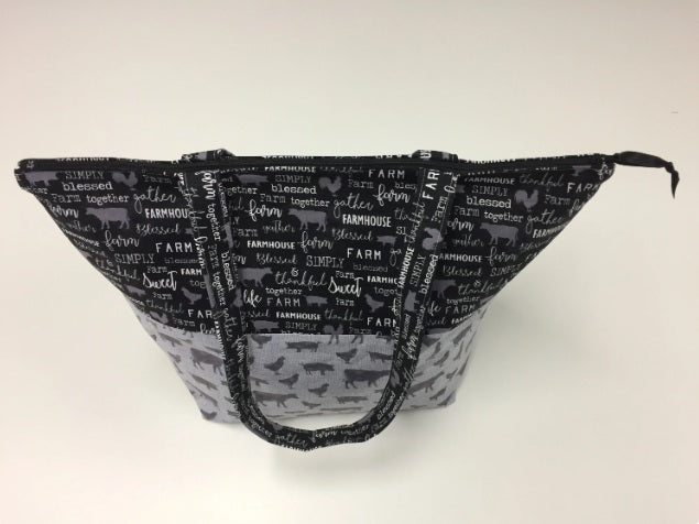 Large Tote Bag with Zip - Farm Sweet Farm - Charcoal and Animals