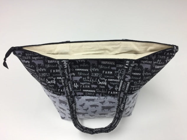 Large Tote Bag with Zip - Farm Sweet Farm - Charcoal and Animals
