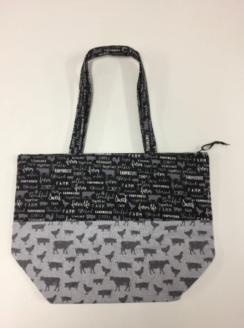 Large Tote Bag with Zip - Farm Sweet Farm - Charcoal and Animals