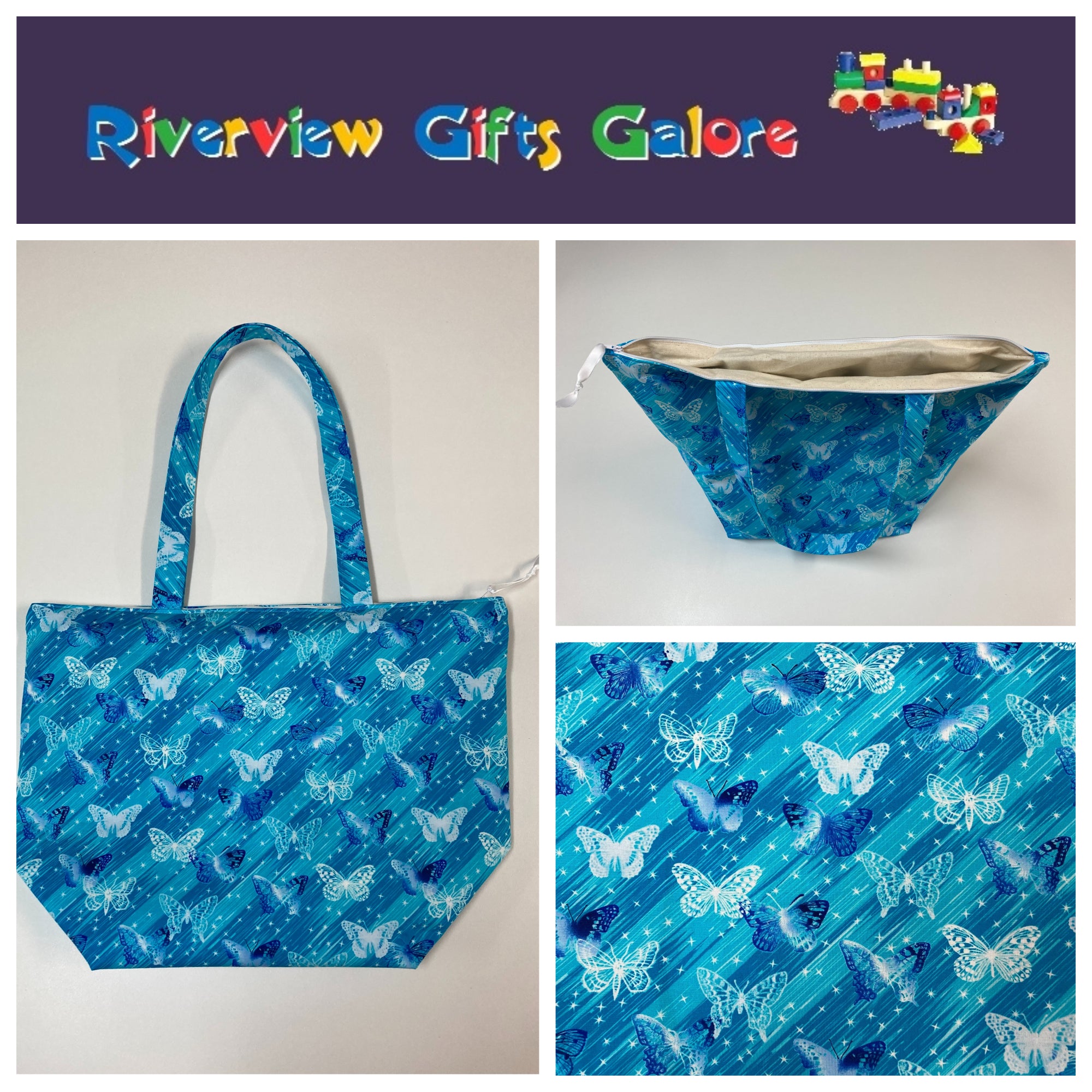 Large Tote Bag with Zip - Blue Butterflies