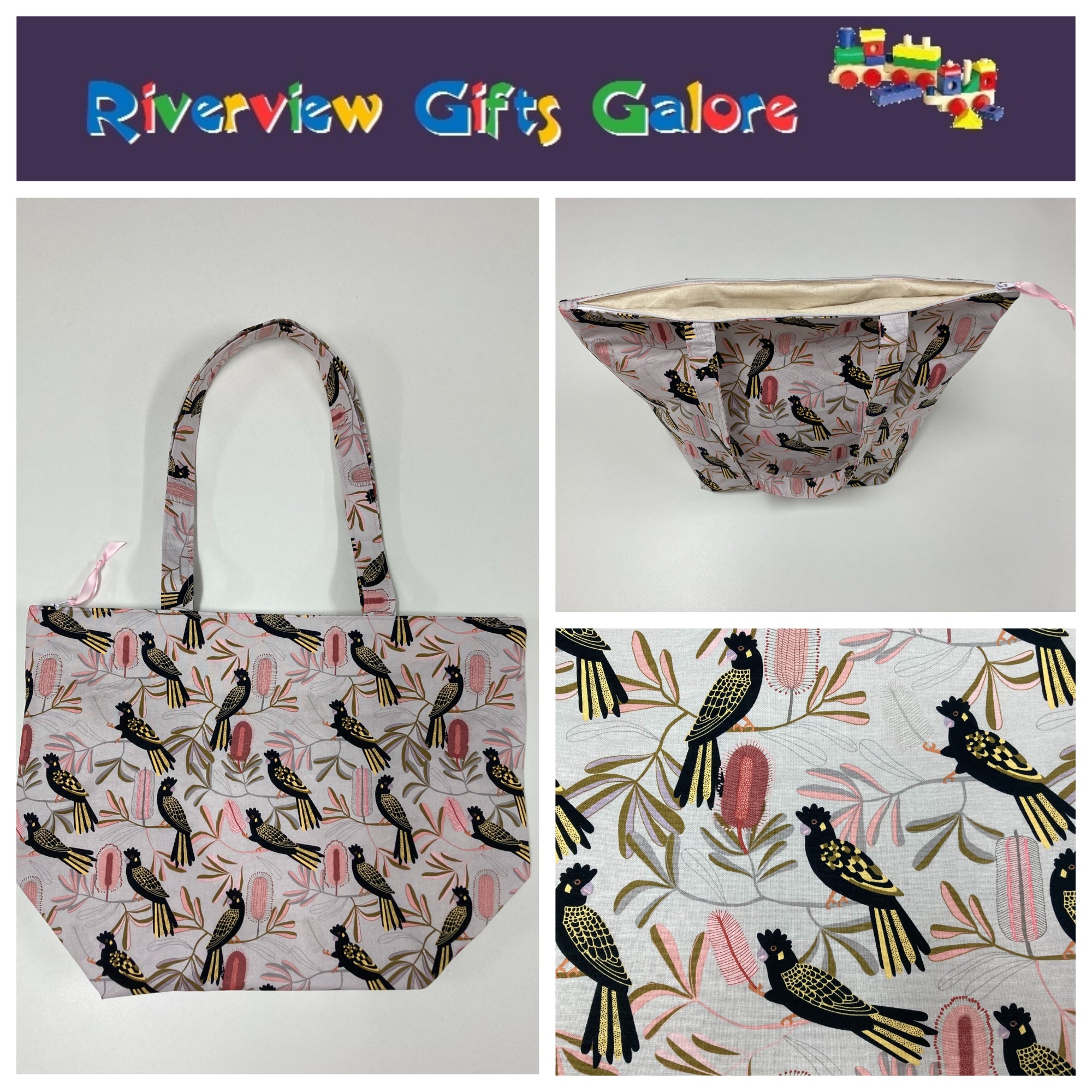 Large Tote Bag with Zip - Black Cockatoo