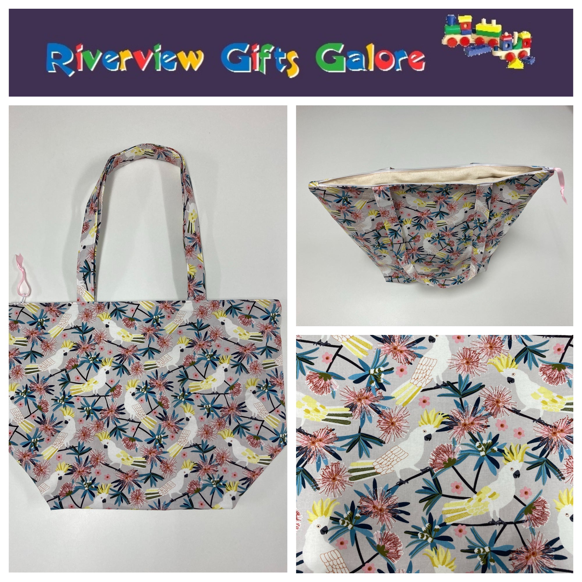 Large Tote Bag with Zip - White Cockatoo