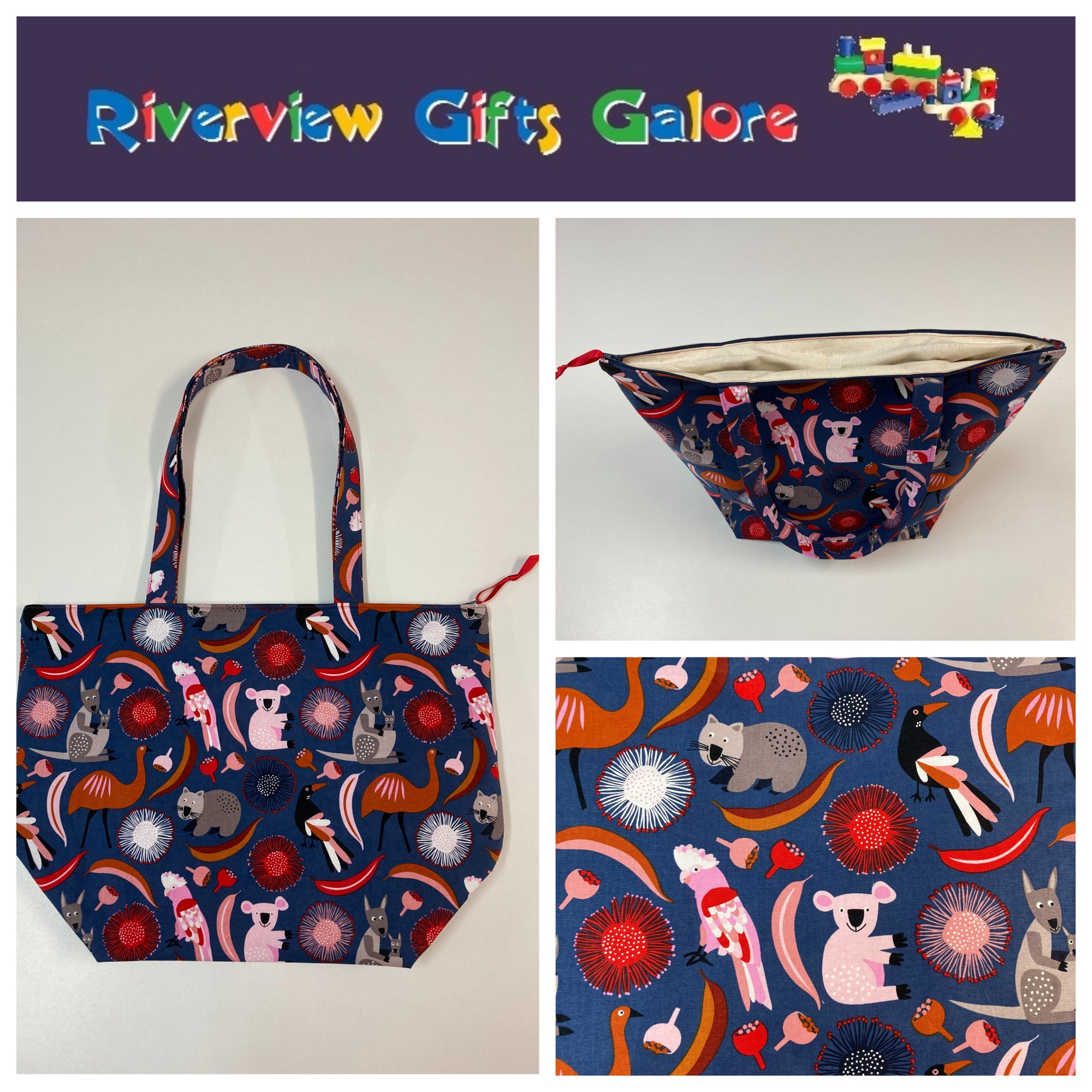 Large Tote Bag with Zip - Australian Animals on Navy