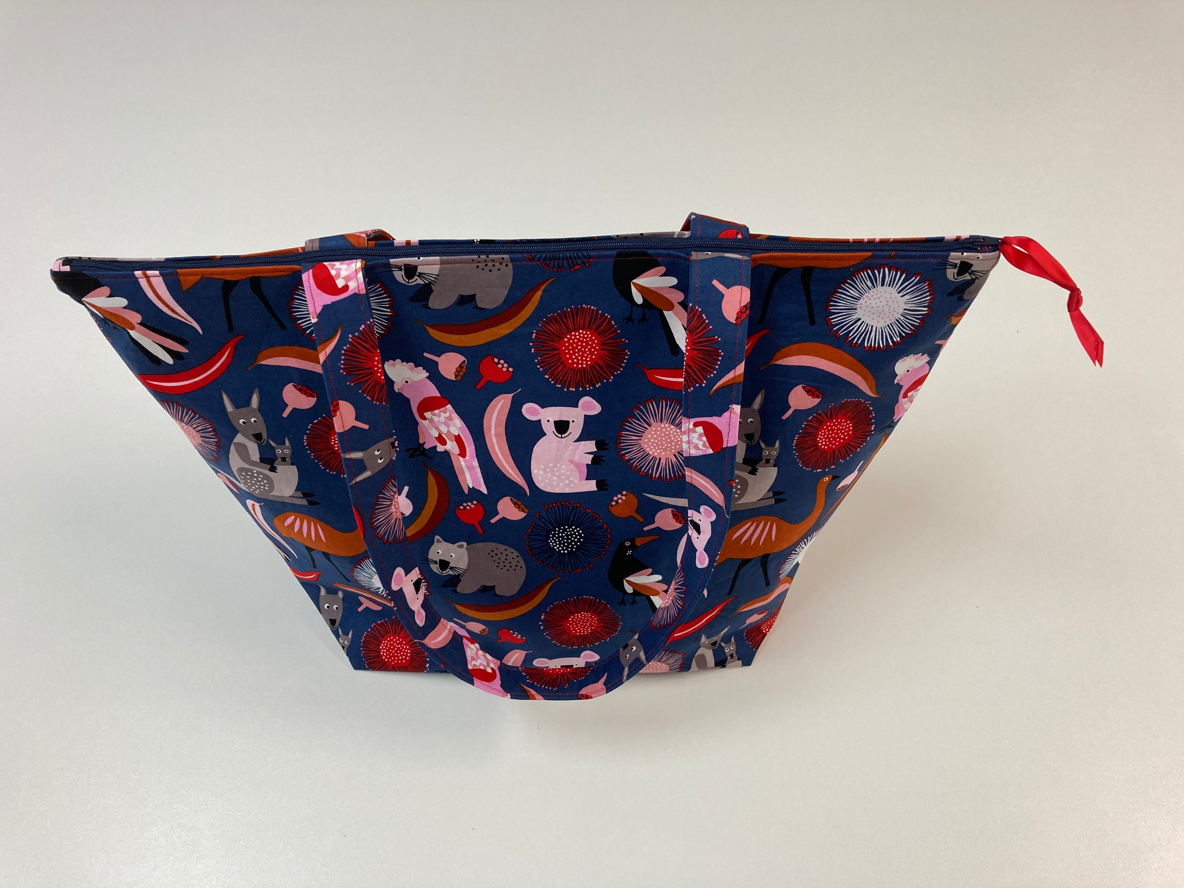 Large Tote Bag with Zip - Australian Animals on Navy