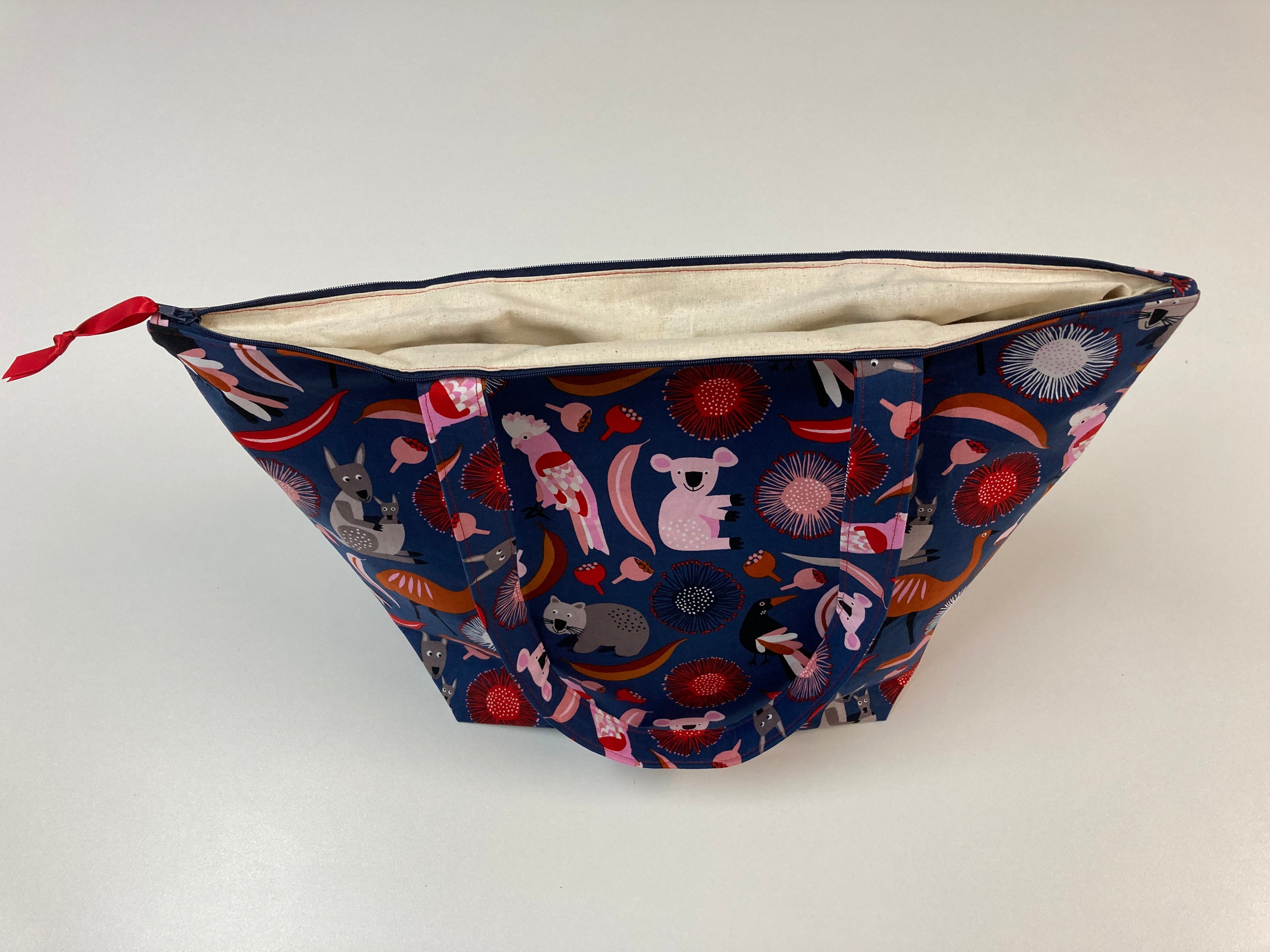 Large Tote Bag with Zip - Australian Animals on Navy