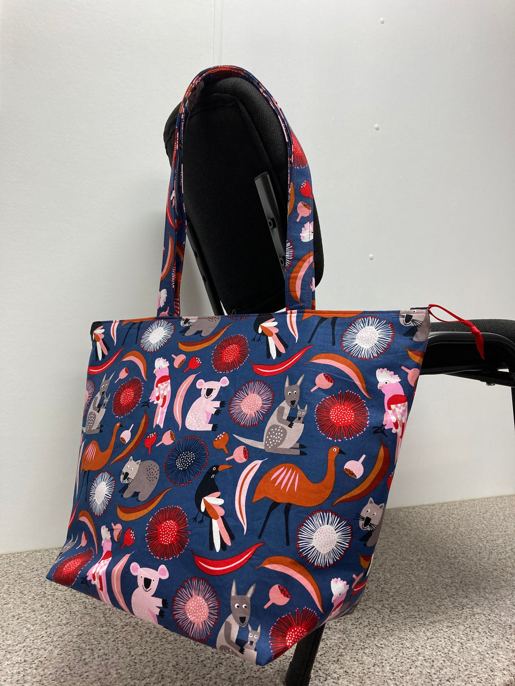 Large Tote Bag with Zip - Australian Animals on Navy