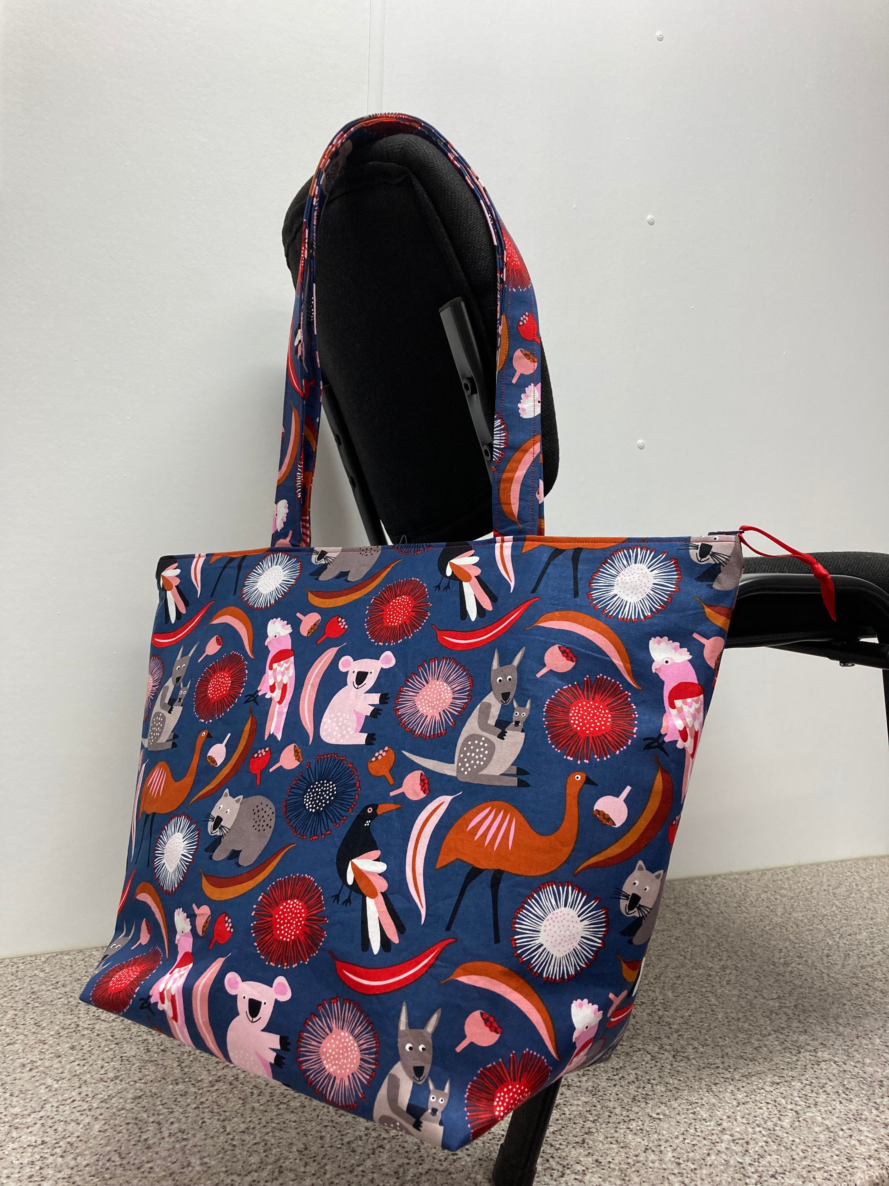 Large Tote Bag with Zip - Australian Animals on Navy