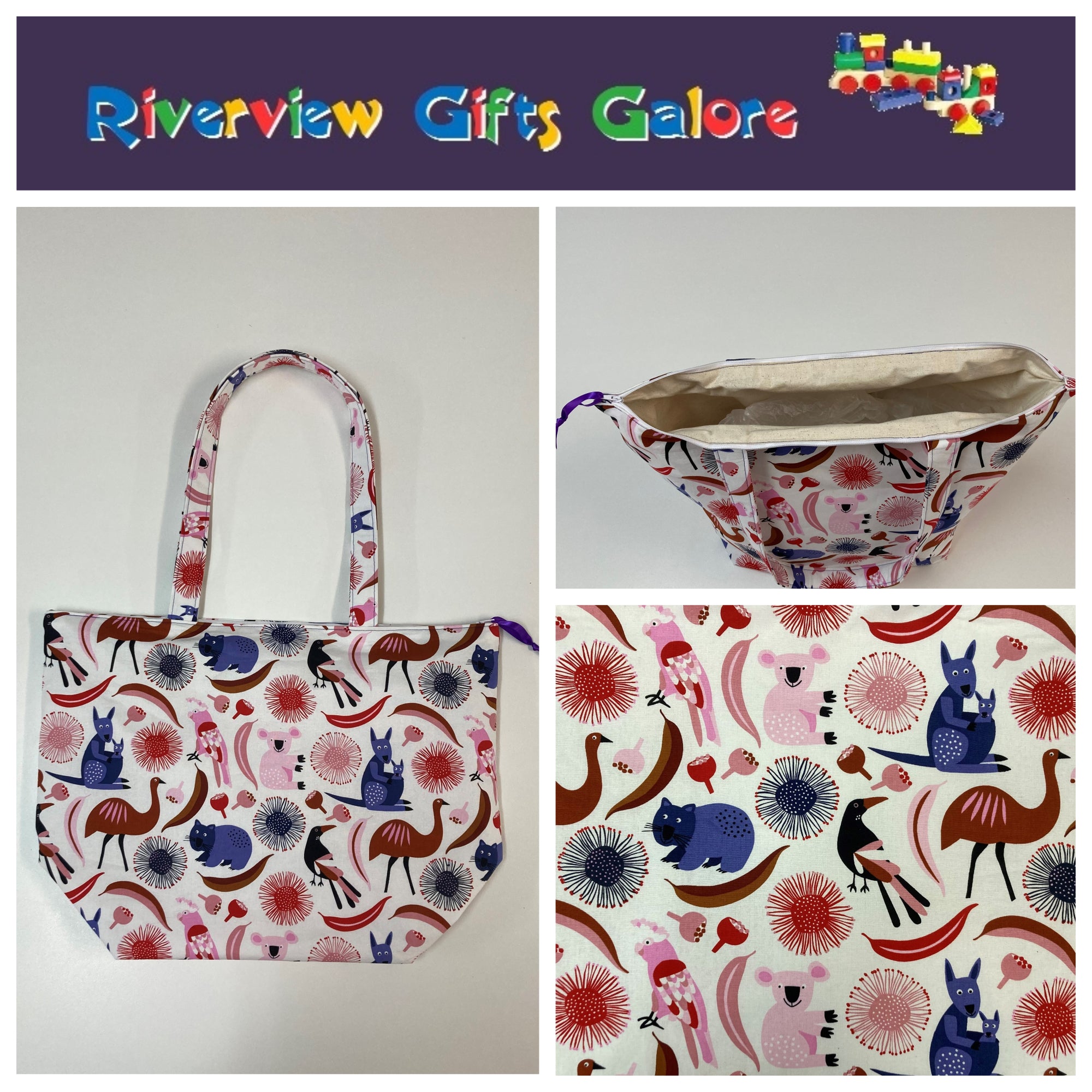 Large Tote Bag with Zip - Australian Animals on White