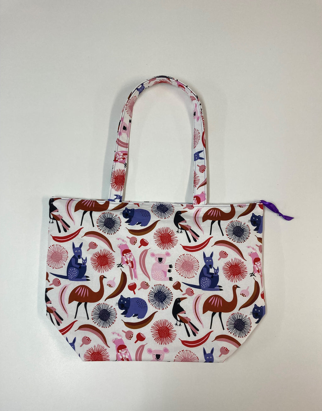 Large Tote Bag with Zip - Australian Animals on White