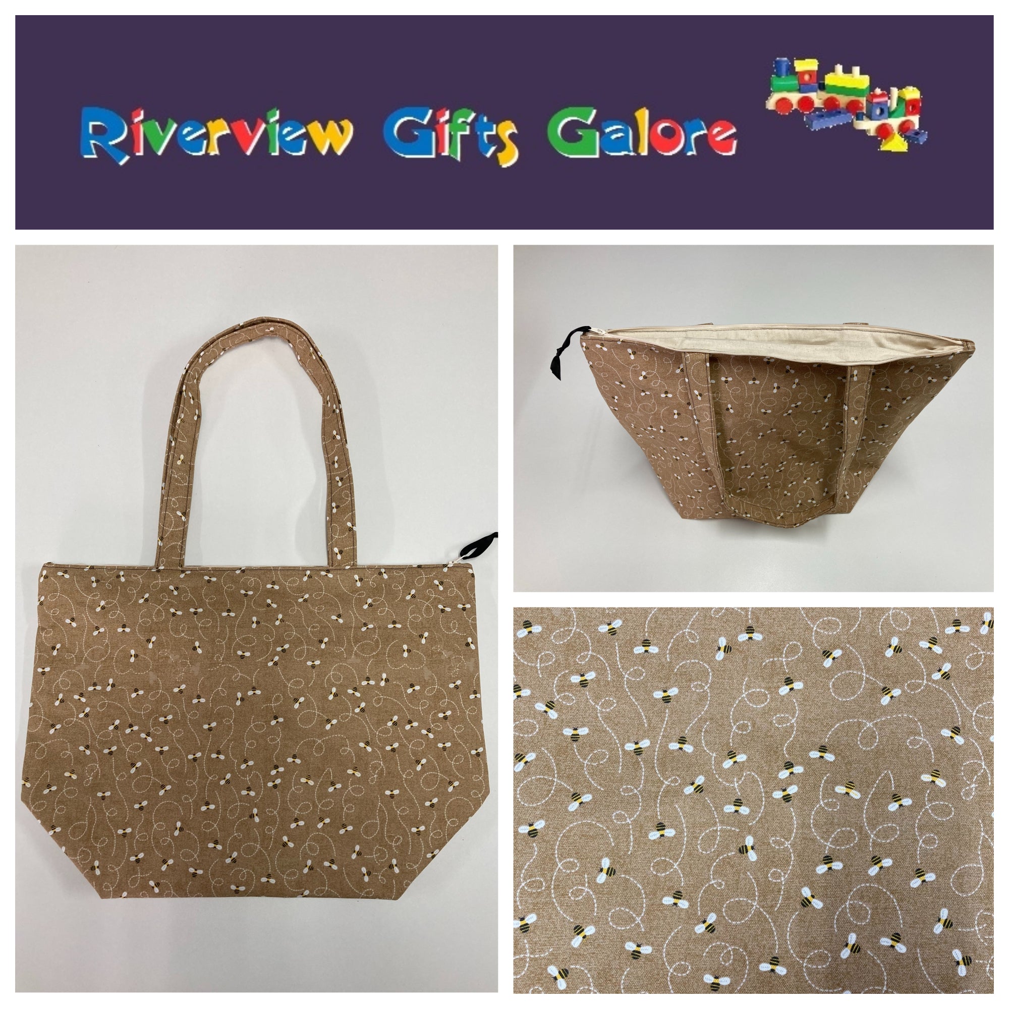 Large Tote Bag with Zip - Bees on Taupe