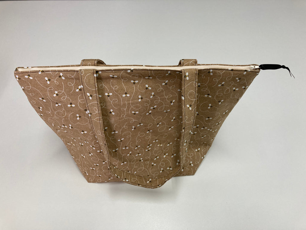 Large Tote Bag with Zip - Bees on Taupe