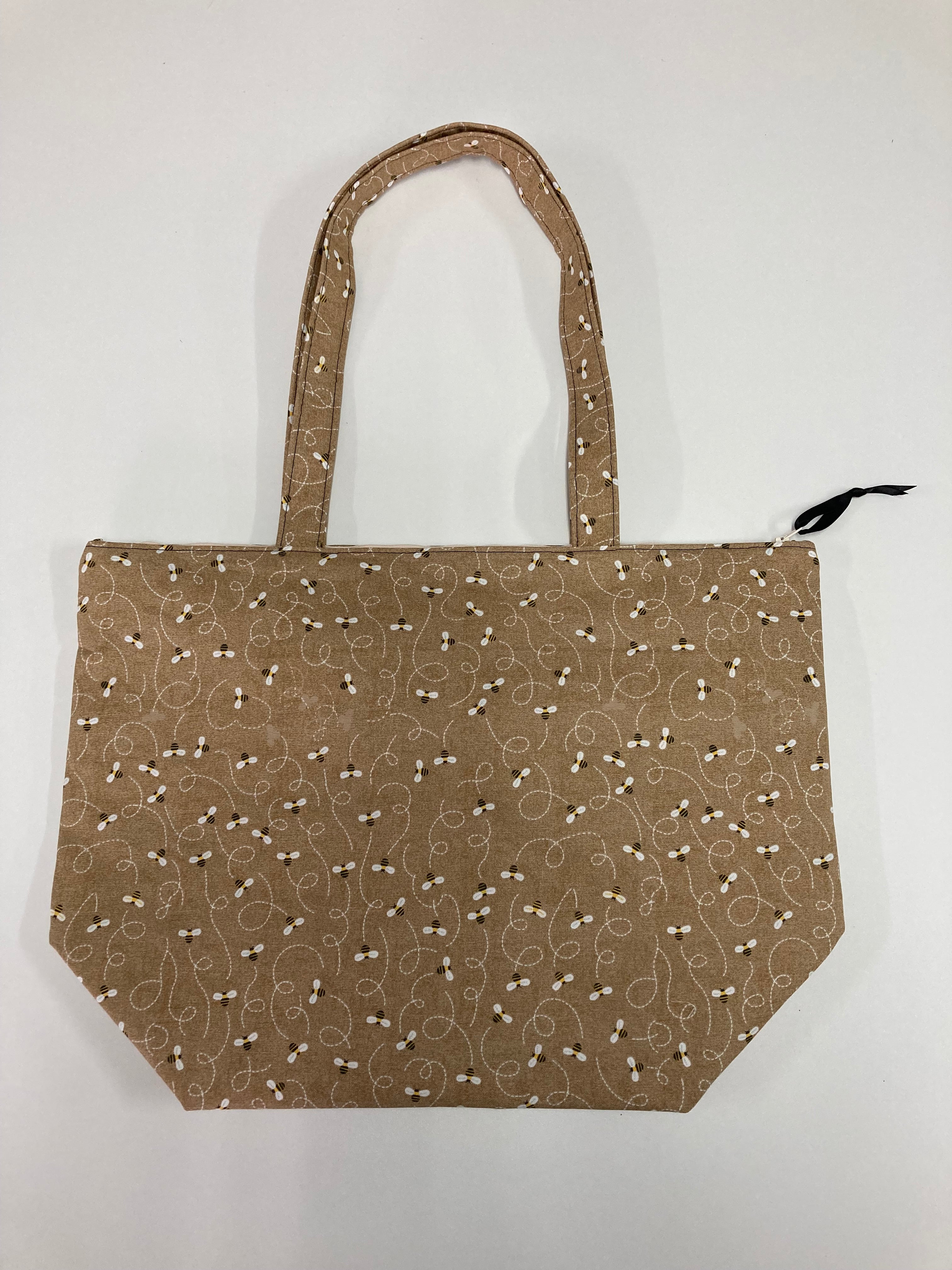 Large Tote Bag with Zip - Bees on Taupe