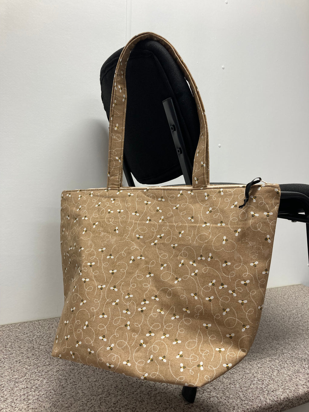 Large Tote Bag with Zip - Bees on Taupe