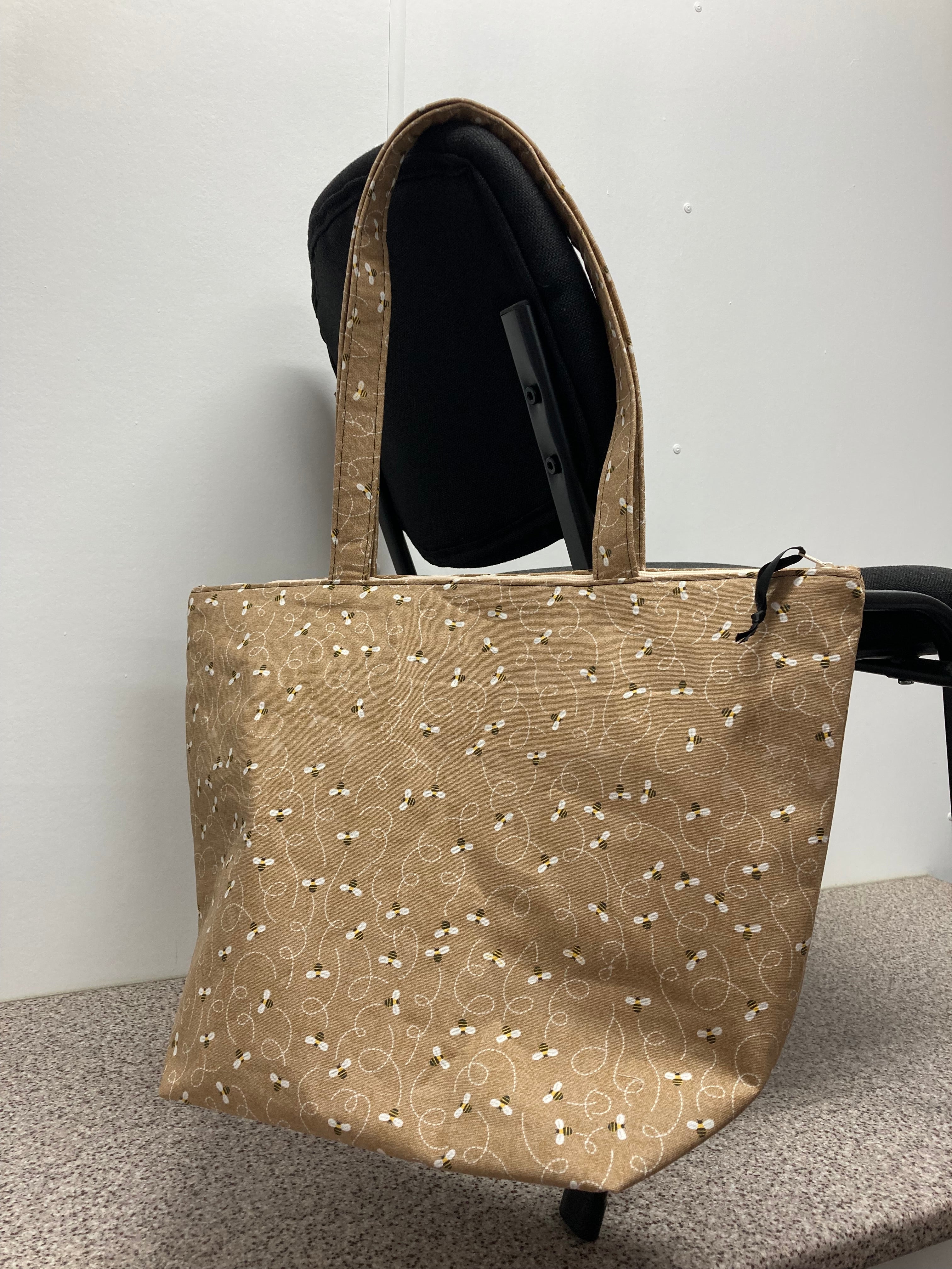 Large Tote Bag with Zip - Bees on Taupe